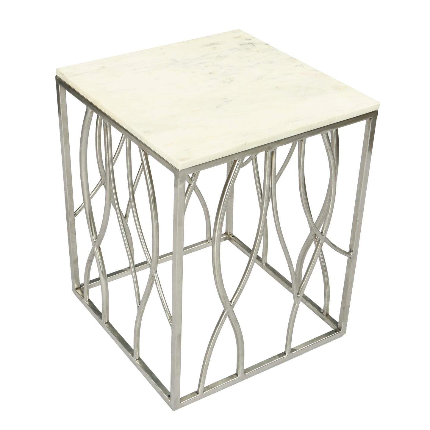 Roundhill Furniture Kameral Square Marble End Table with Stainless Steel Base
