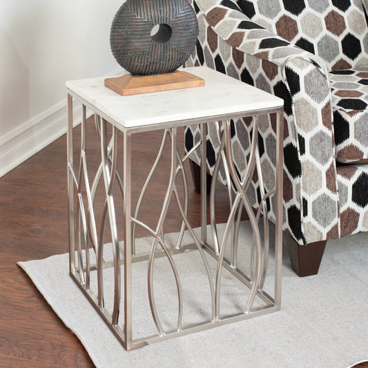 Roundhill Furniture Kameral Square Marble End Table with Stainless Steel Base