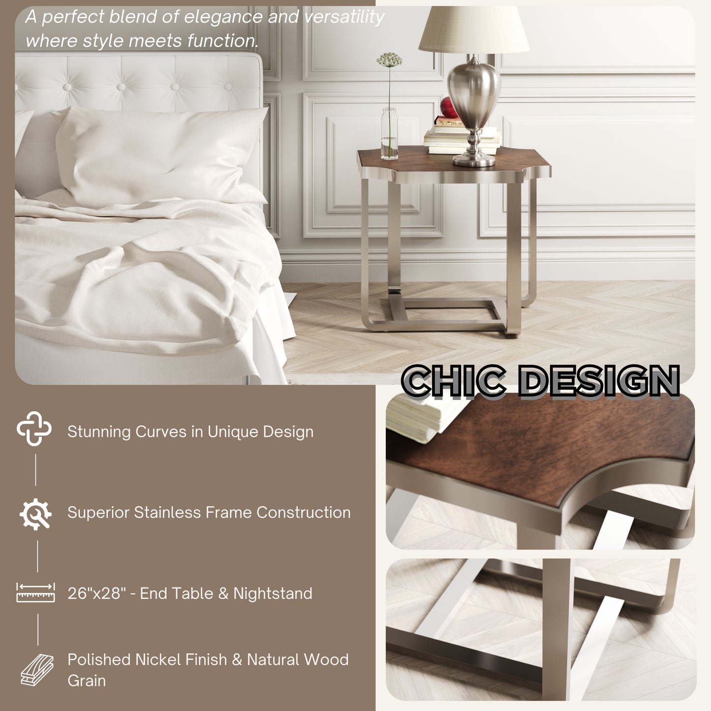 Roundhill Furniture Ruffin End Table, Nightstand, Brown