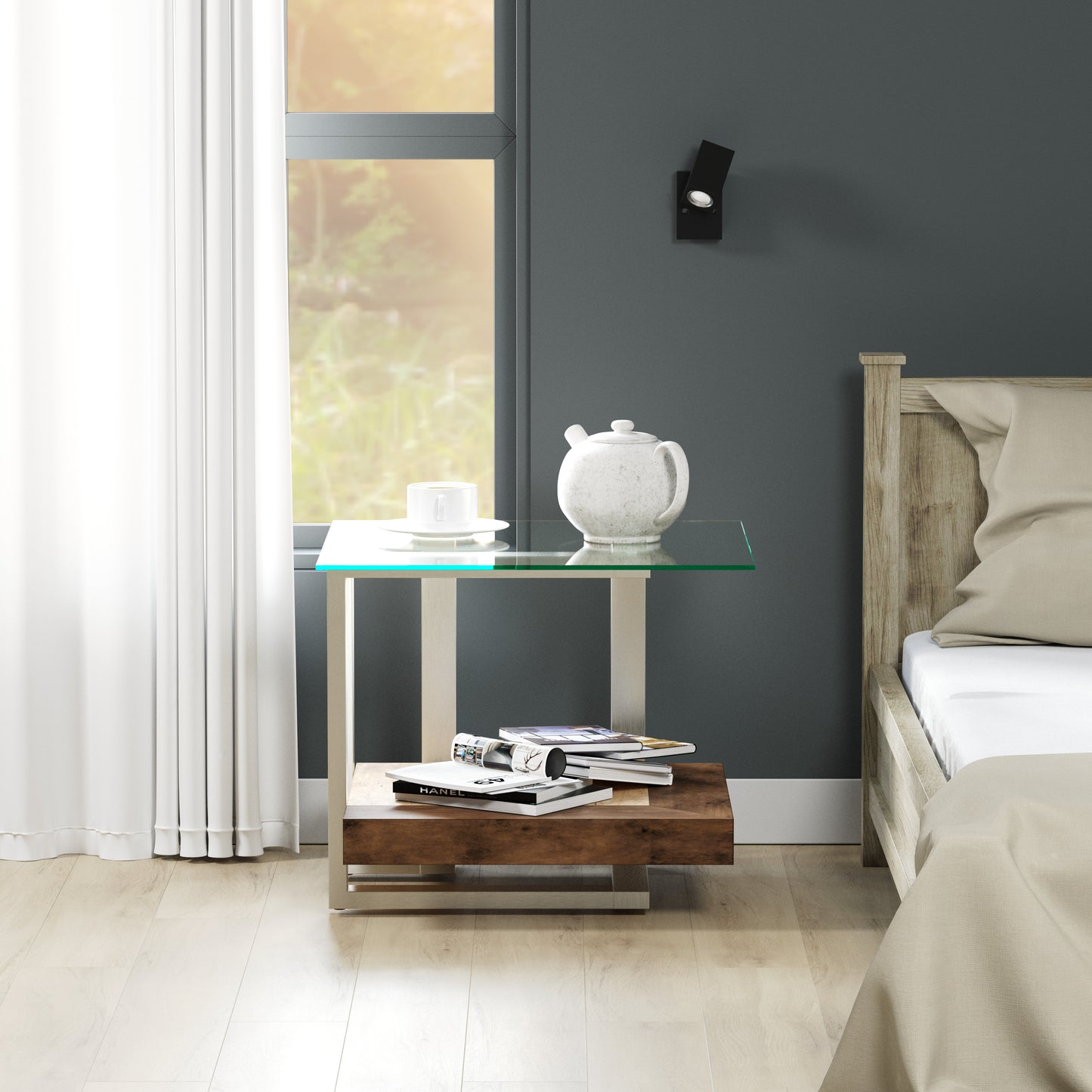 Roundhill Furniture Andes Glass End Table with Marble Shelf, Polished Nickel Finish