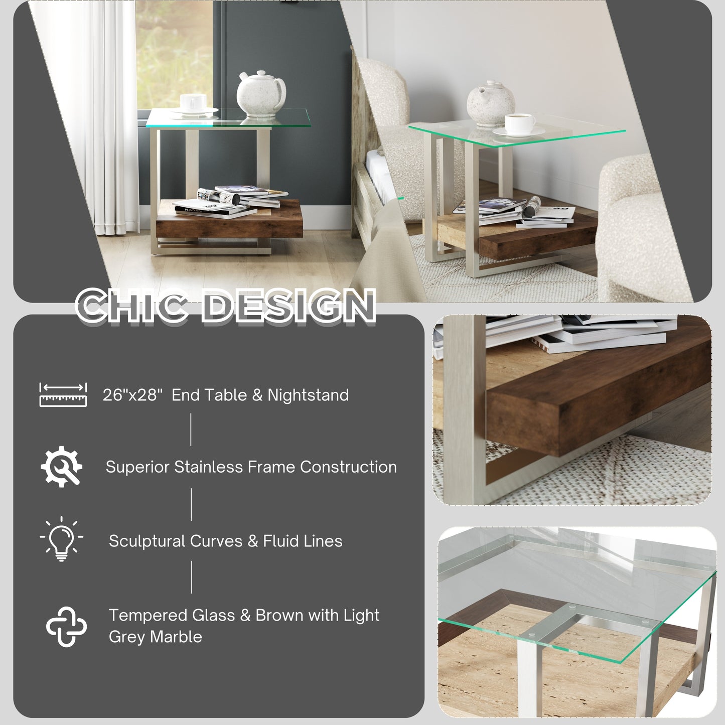 Roundhill Furniture Andes Glass End Table with Marble Shelf, Polished Nickel Finish
