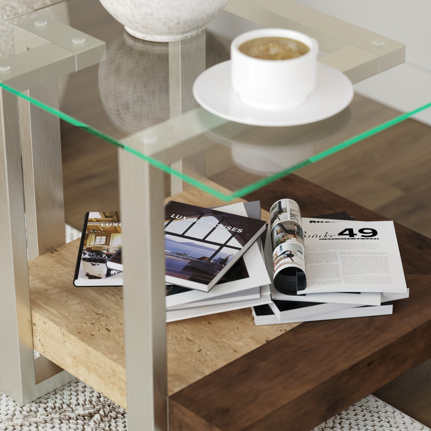 Roundhill Furniture Andes Glass End Table with Marble Shelf, Polished Nickel Finish
