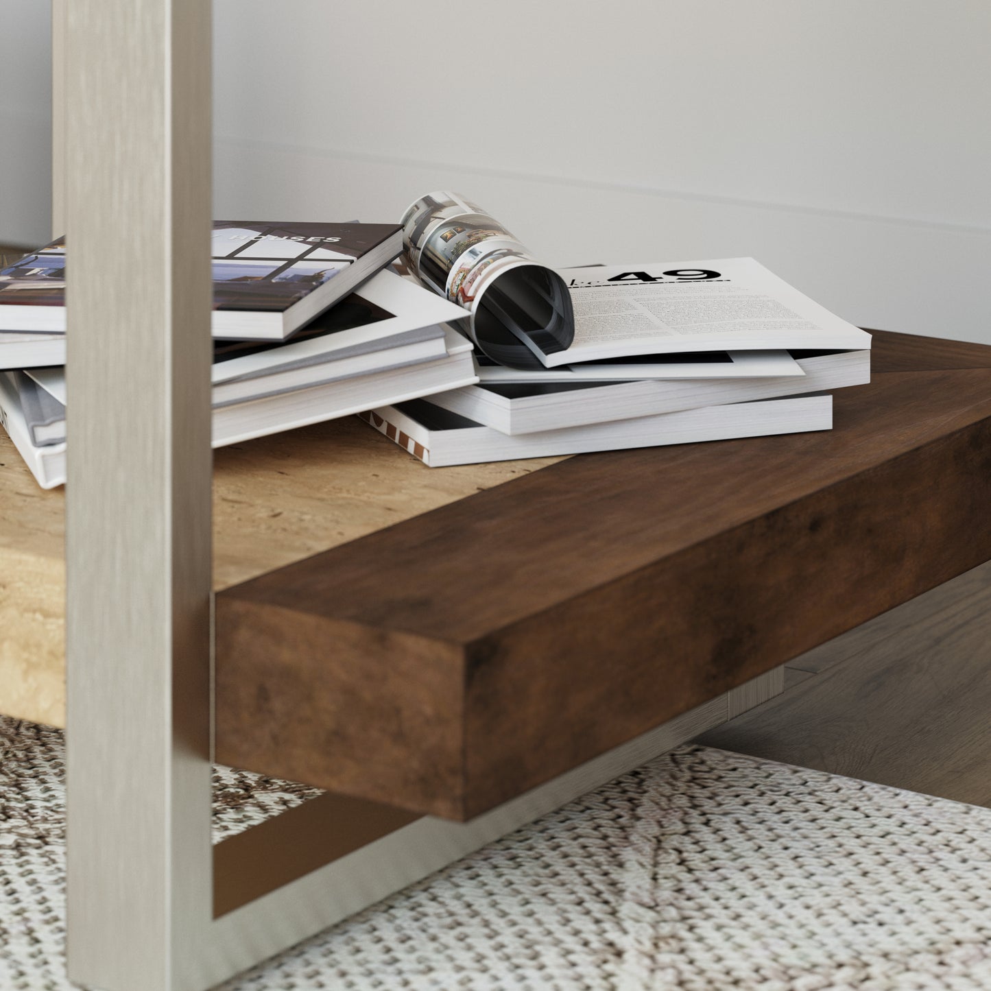 Roundhill Furniture Andes Glass End Table with Marble Shelf, Polished Nickel Finish