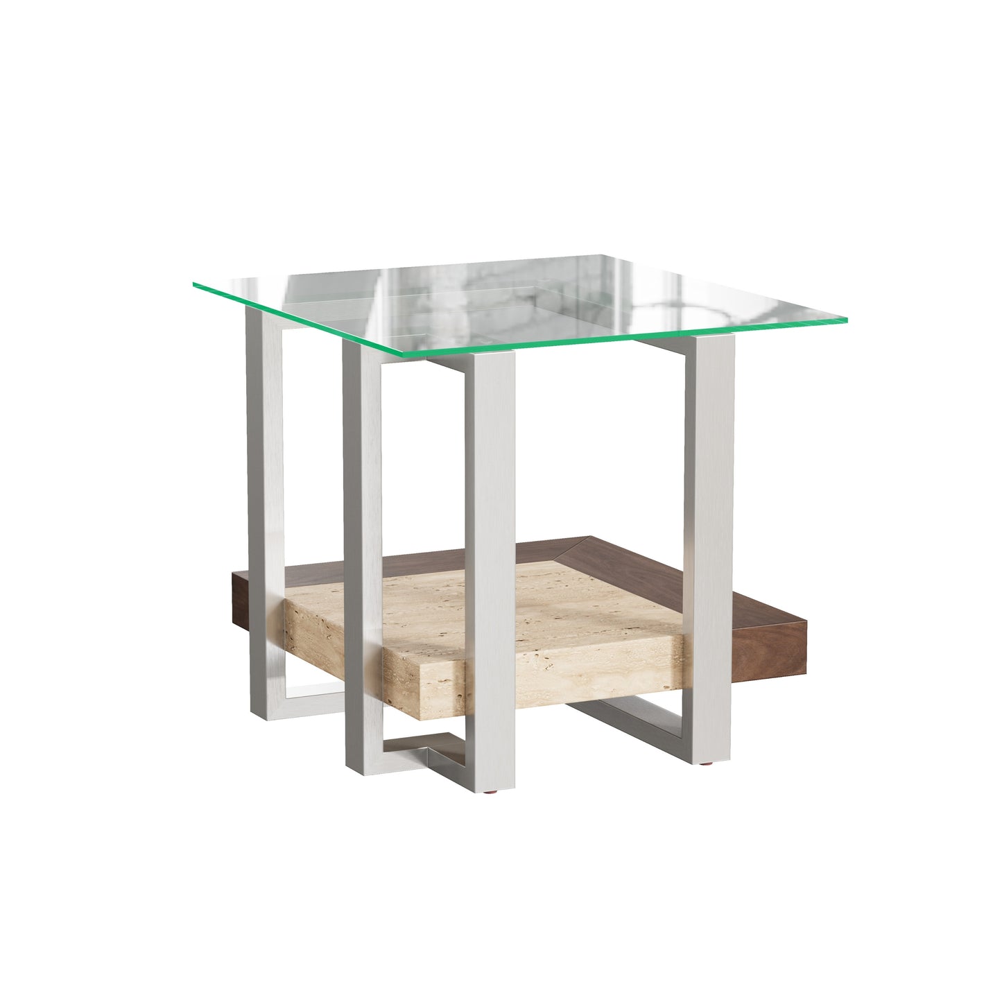 Roundhill Furniture Andes Glass End Table with Marble Shelf, Polished Nickel Finish