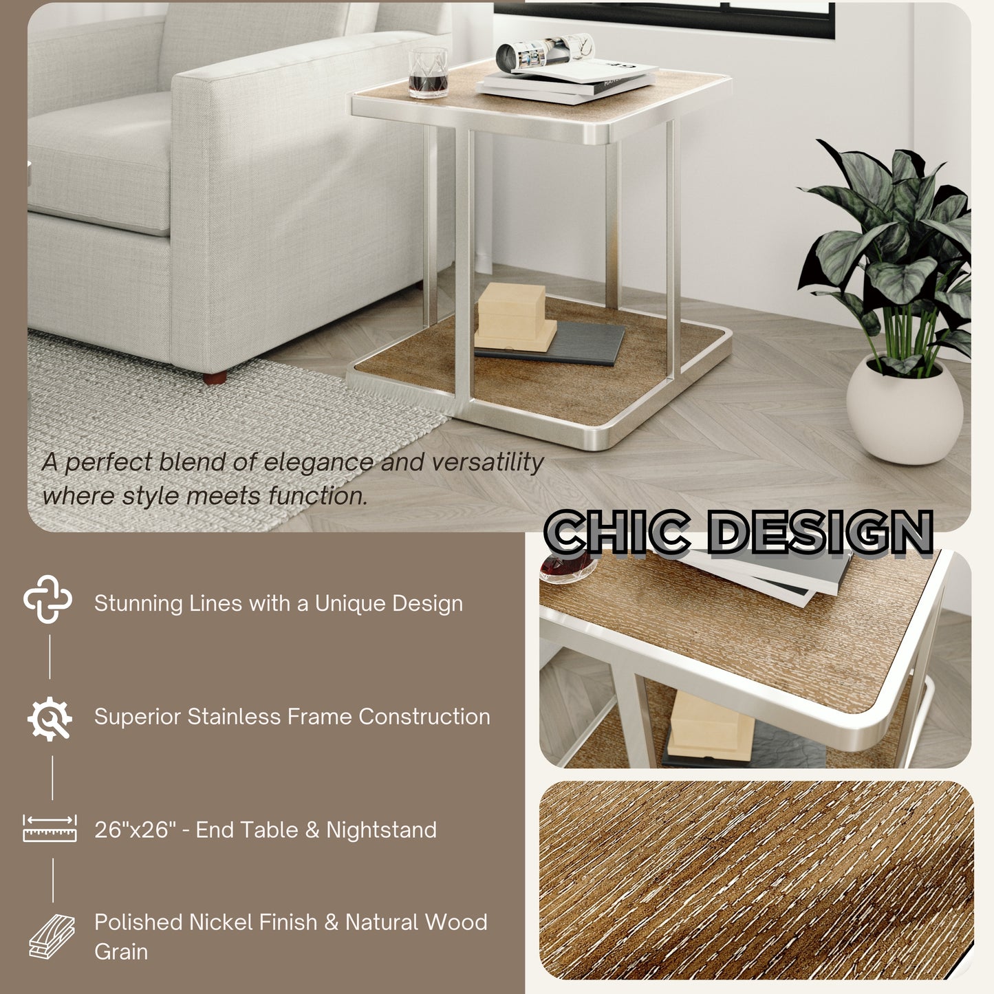 Roundhill Furniture Allan Contemporary Square End Table, Nightstand, Brown