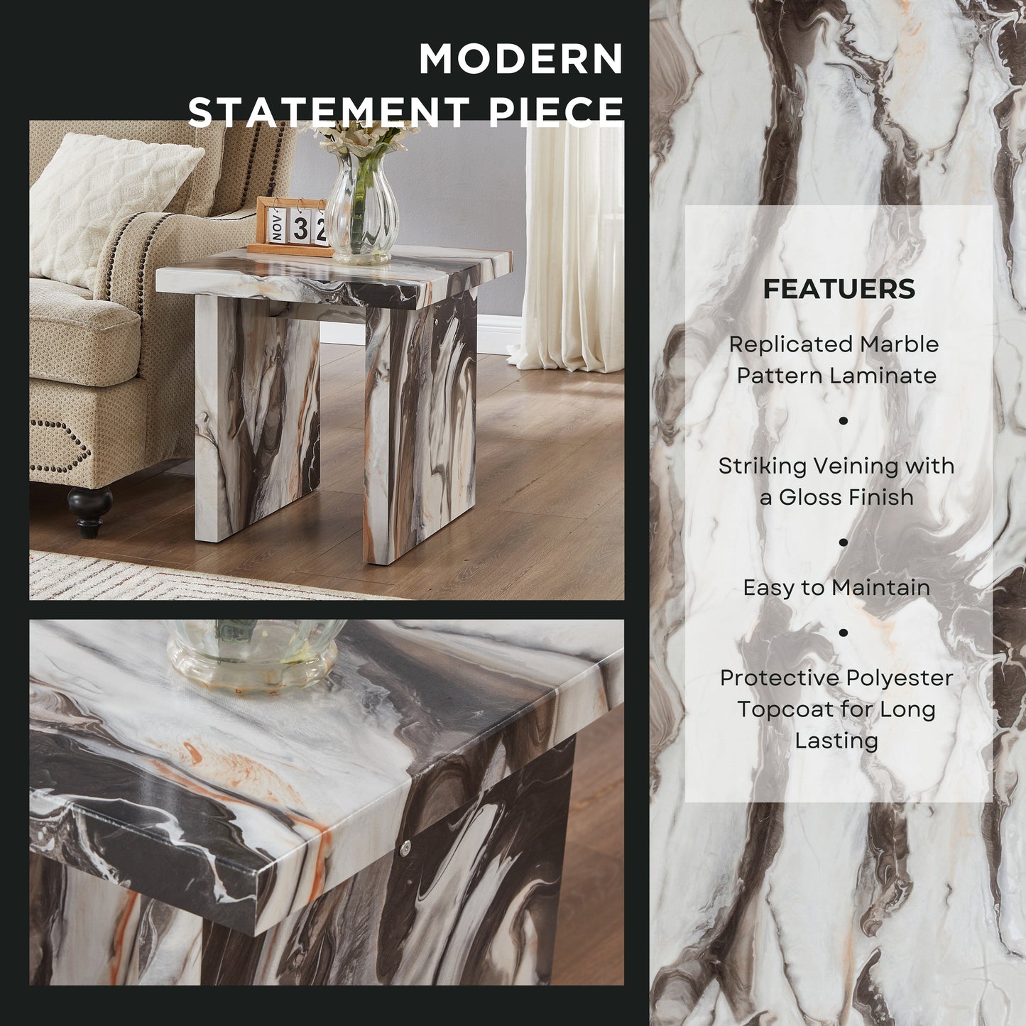Roundhill Furniture Cavira Modern Faux Marble Living Room End/Side Table