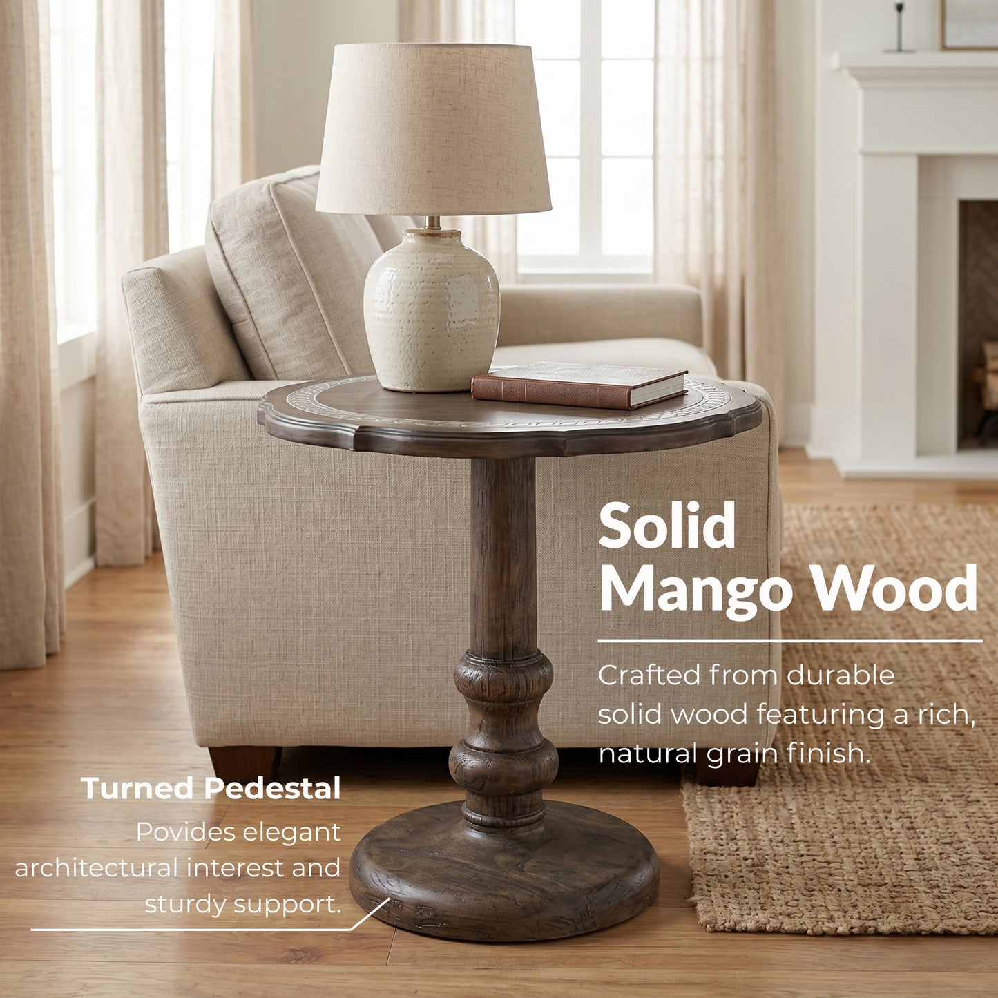 Roundhill Furniture Marlow Solid Mango Wood Pedestal End Table