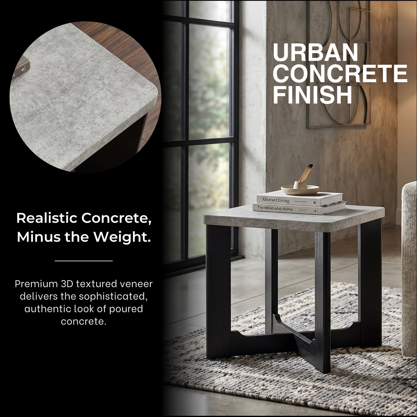 Roundhill Furniture Levitus Modern Square End Table, Faux Concrete Tabletop with Black Wood Grain Finish