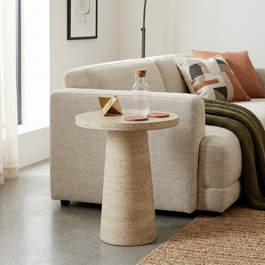 Roundhill Furniture Cortelle Indoor/Outdoor Faux Travertine Round End Table