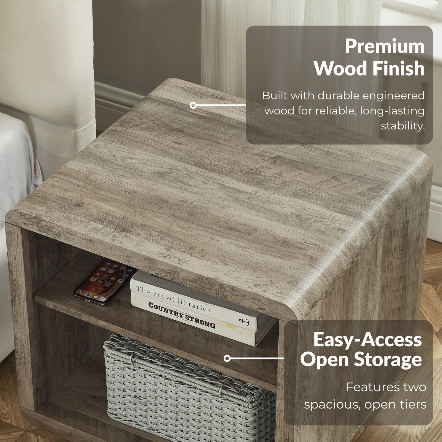 Roundhill Furniture Lux Modern Wood Shelf Side Table, Bedside Nightstand