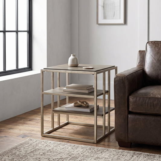 Roundhill Furniture Padena Metal Frame Wood Living Room End Table with Shelf