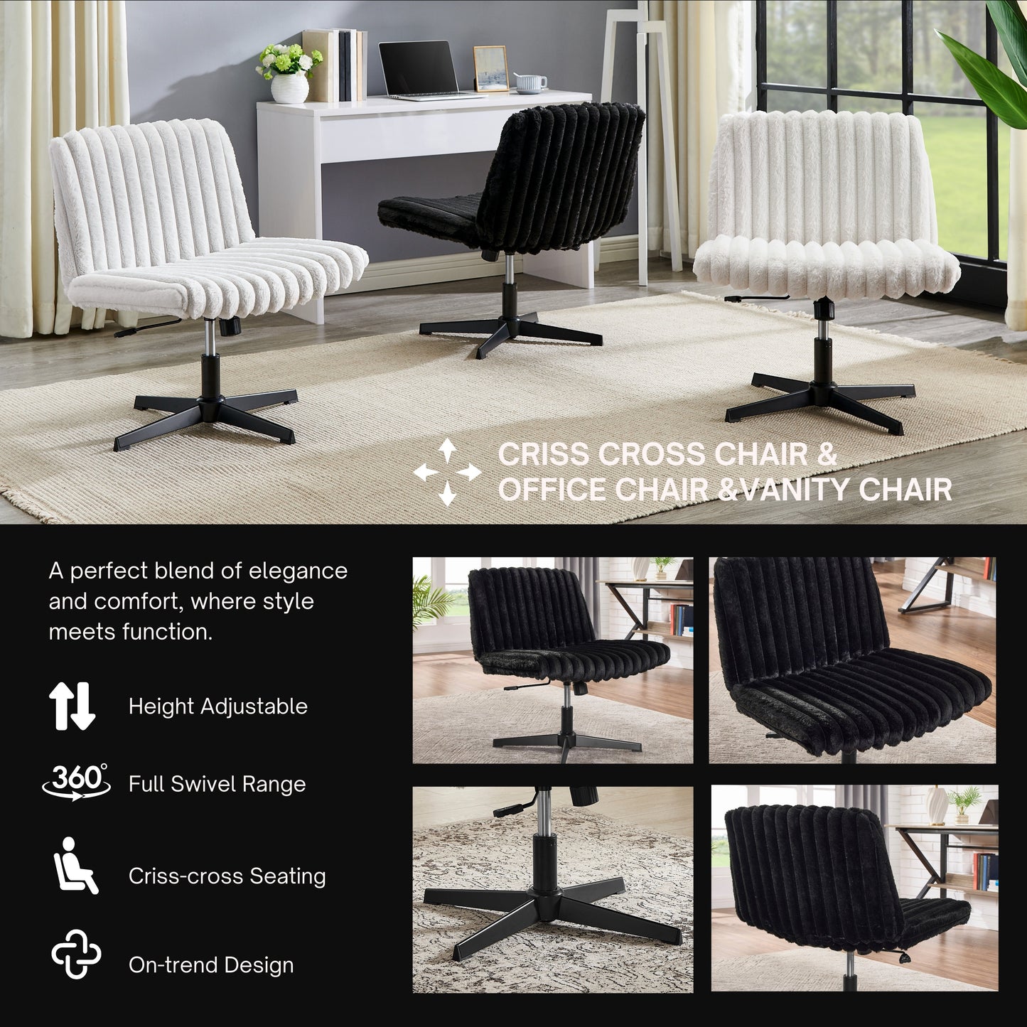 Roundhill Blynn Adjustable Swivel Criss Cross Chair, Wide Seat Office Chair Vanity Chair
