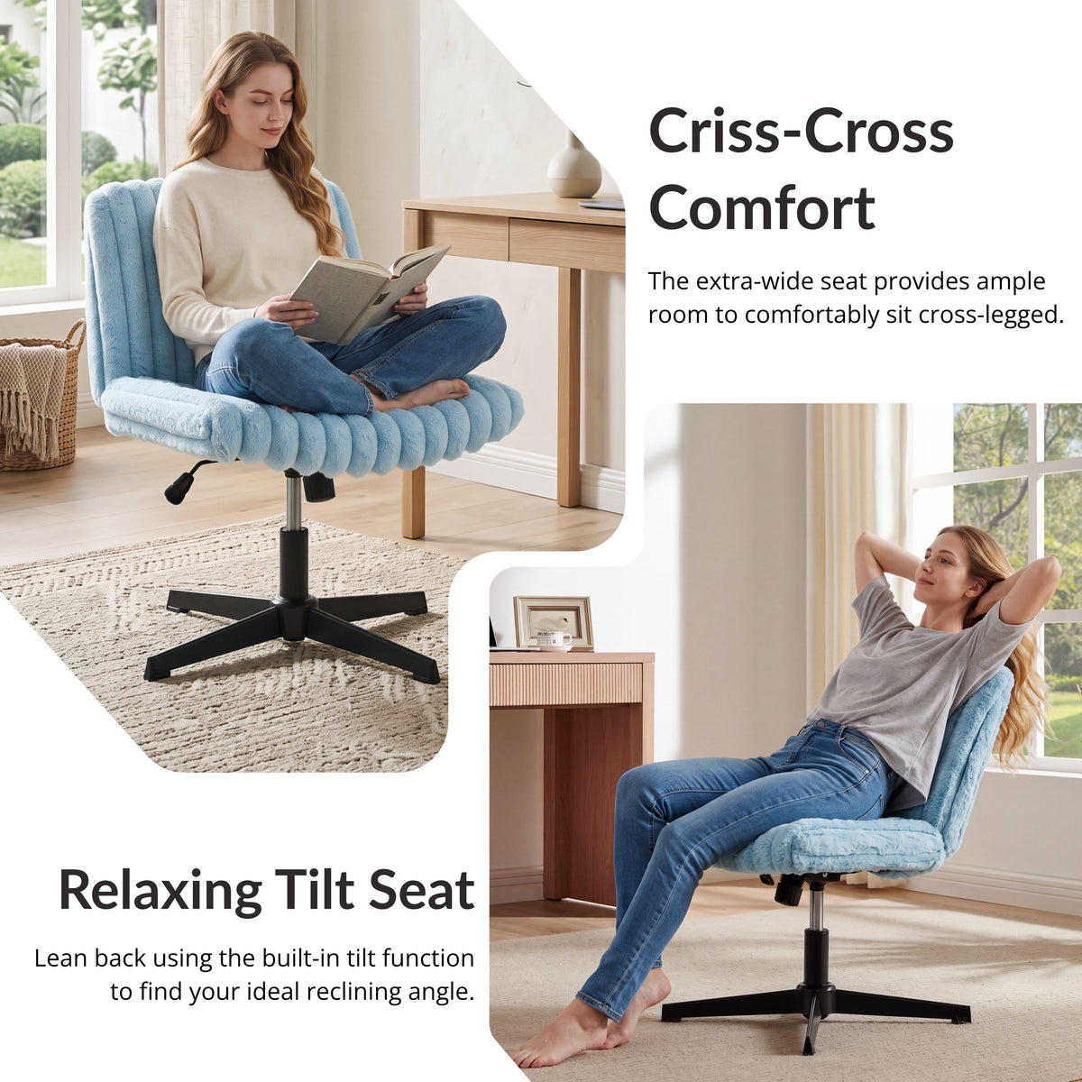 Roundhill Blynn Adjustable Swivel Criss Cross Chair, Wide Seat Office Chair Vanity Chair