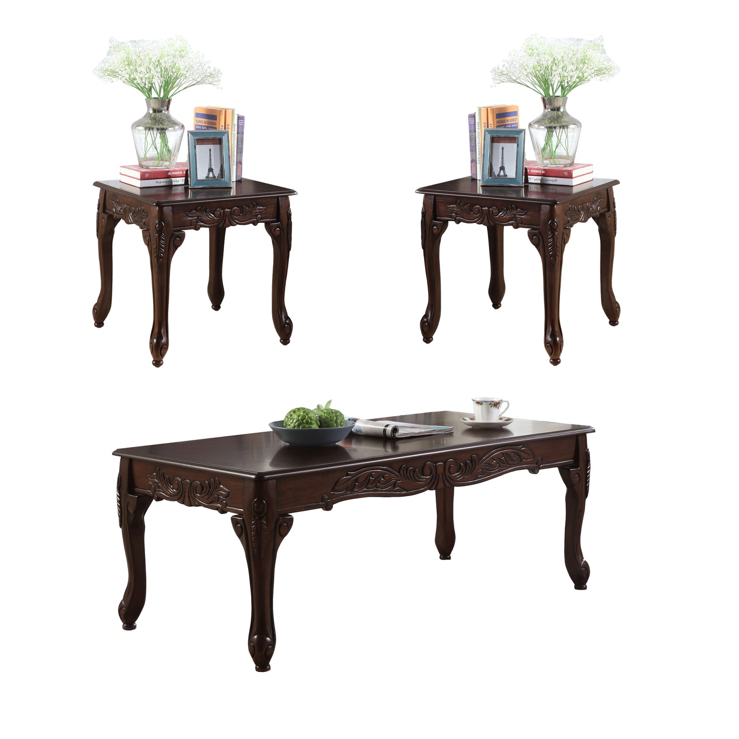 Roundhill Furniture Dark Cherry Finish Wood Coffee & End Table Set - 3Pc