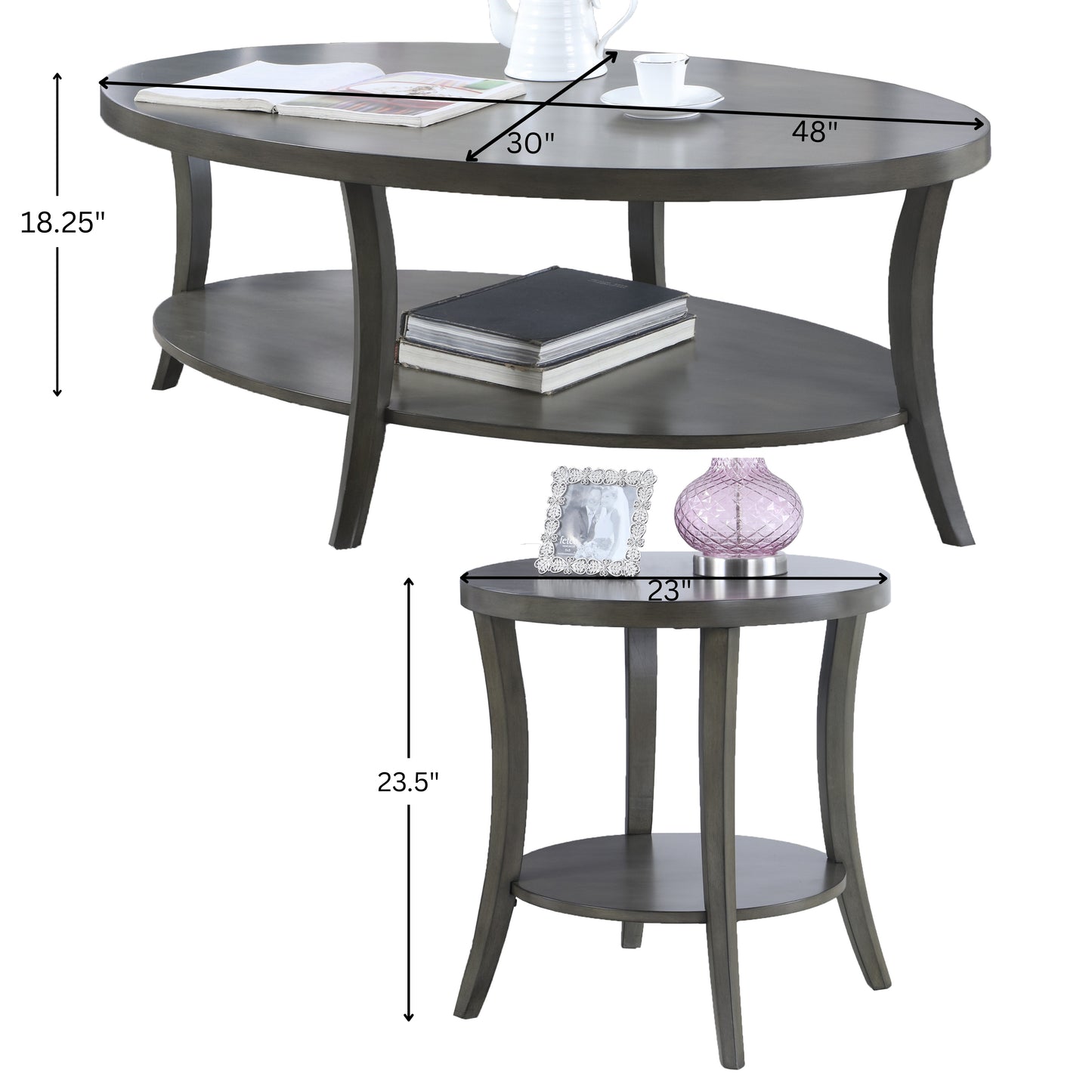 Perth Contemporary Oval Shelf Coffee Table Set, Gray