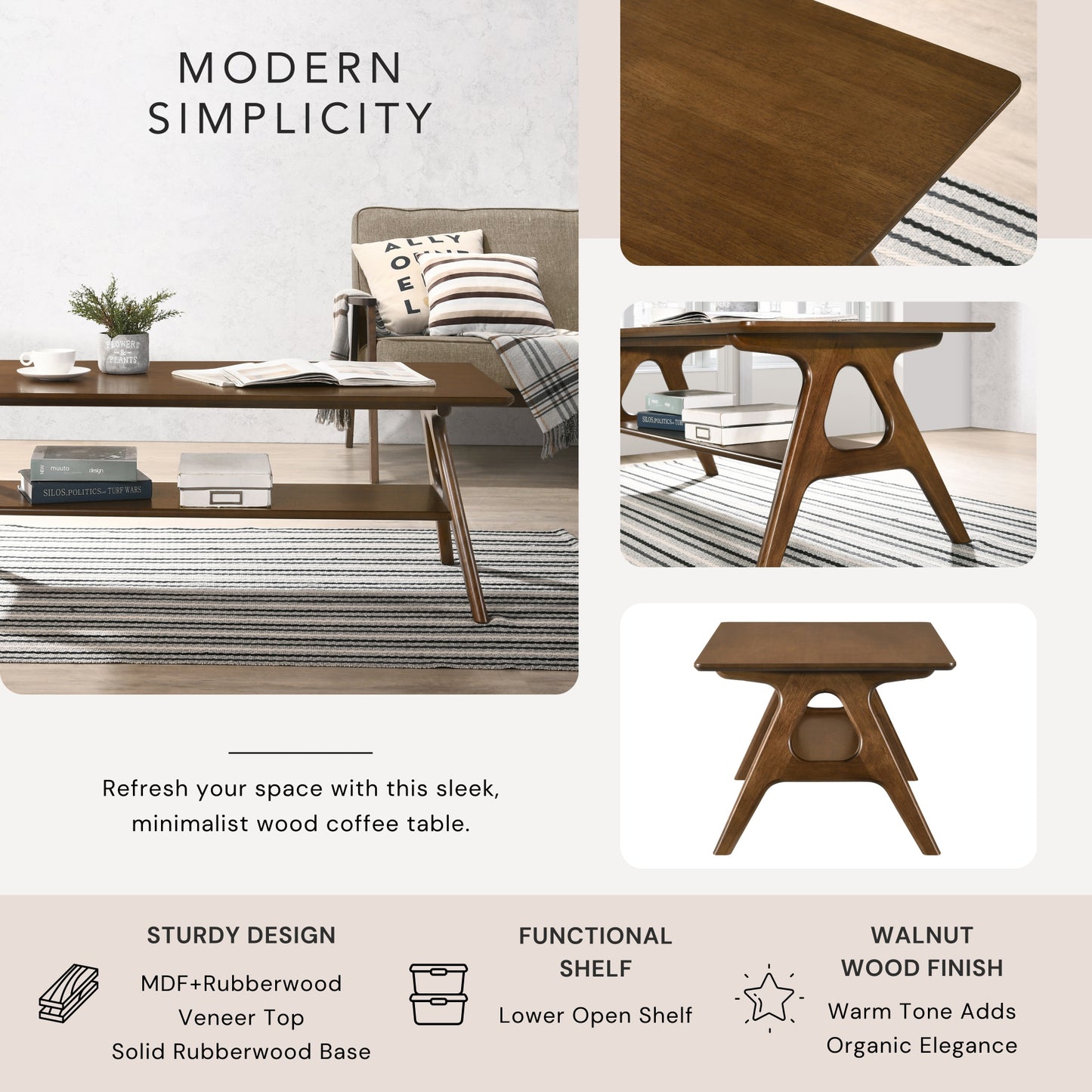 Roundhill Furniture Arona 3-Piece Coffee Table Set, Coffee Table and Two End Tables