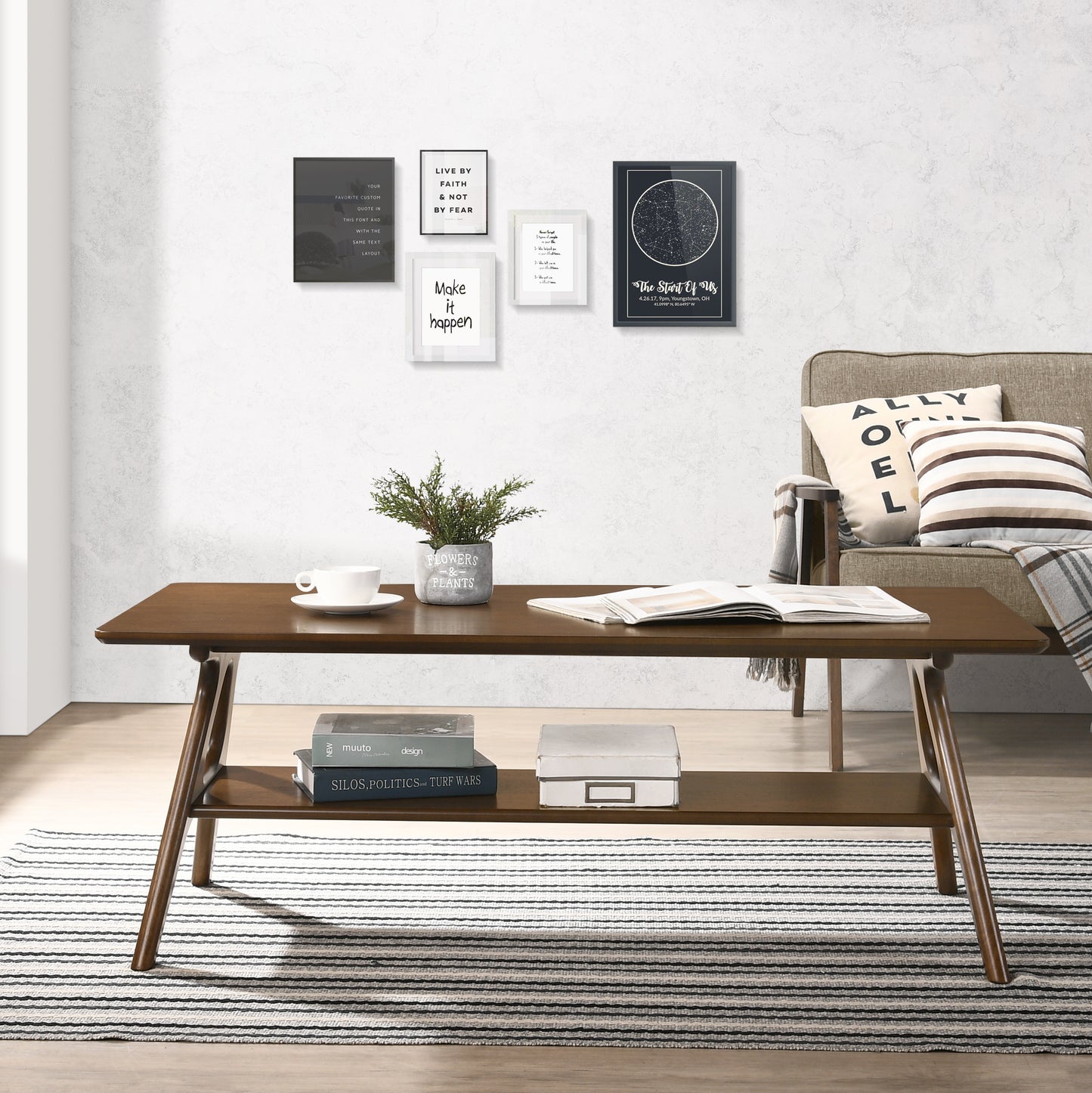 Roundhill Furniture Arona 3-Piece Coffee Table Set, Coffee Table and Two End Tables