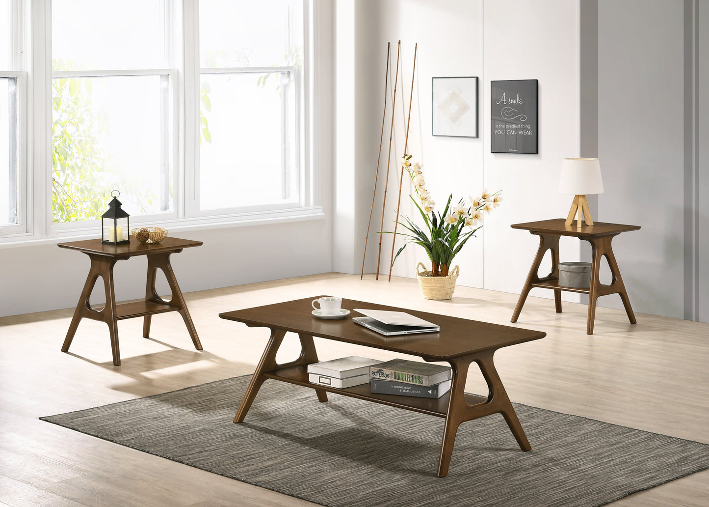 Roundhill Furniture Arona Mid-Century Modern Wood Coffee Table Set -  3 Piece