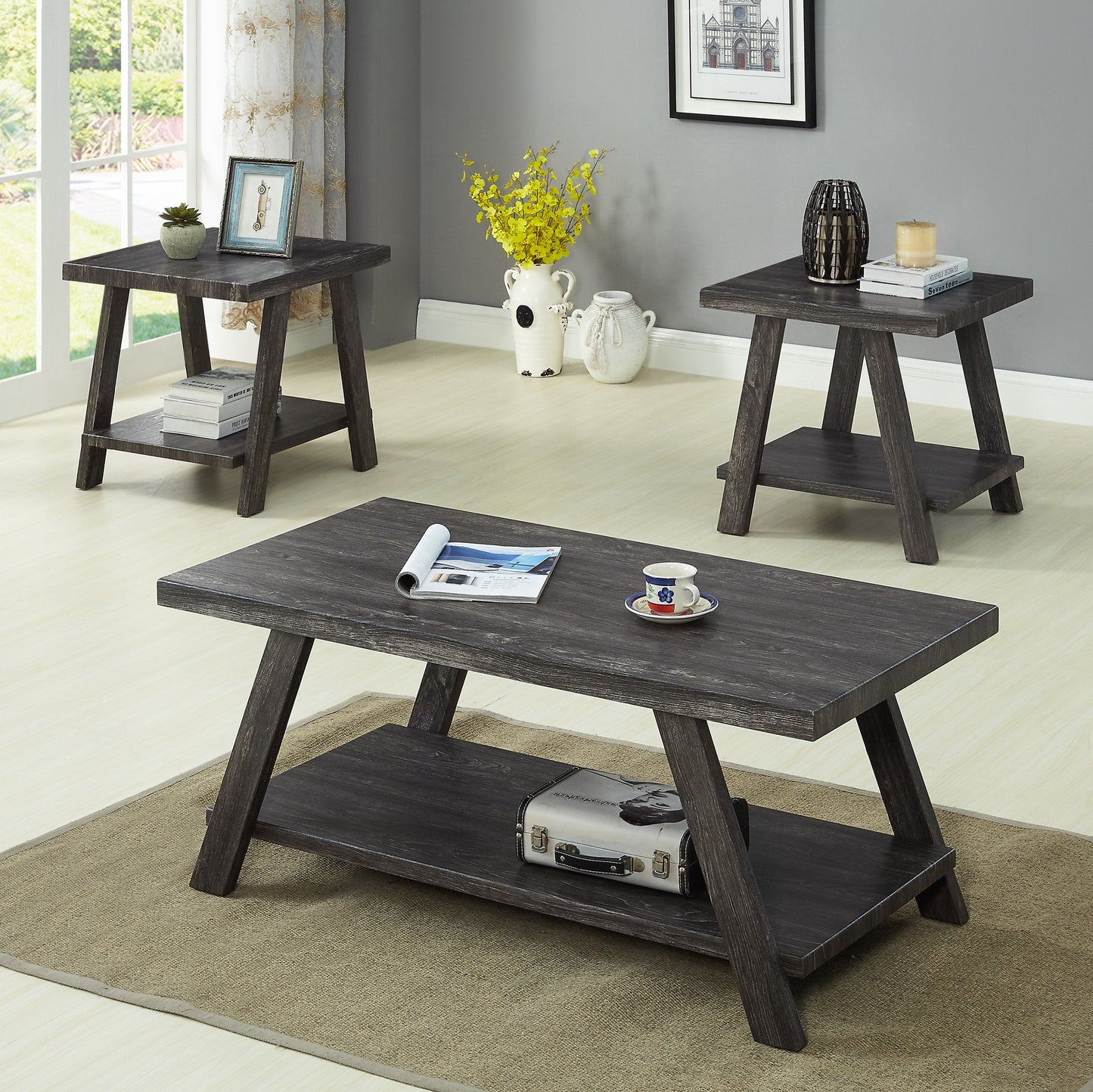 Roundhill Furniture Athens Contemporary Replicated Wood Shelf Coffee Set Table in Charcoal Finish