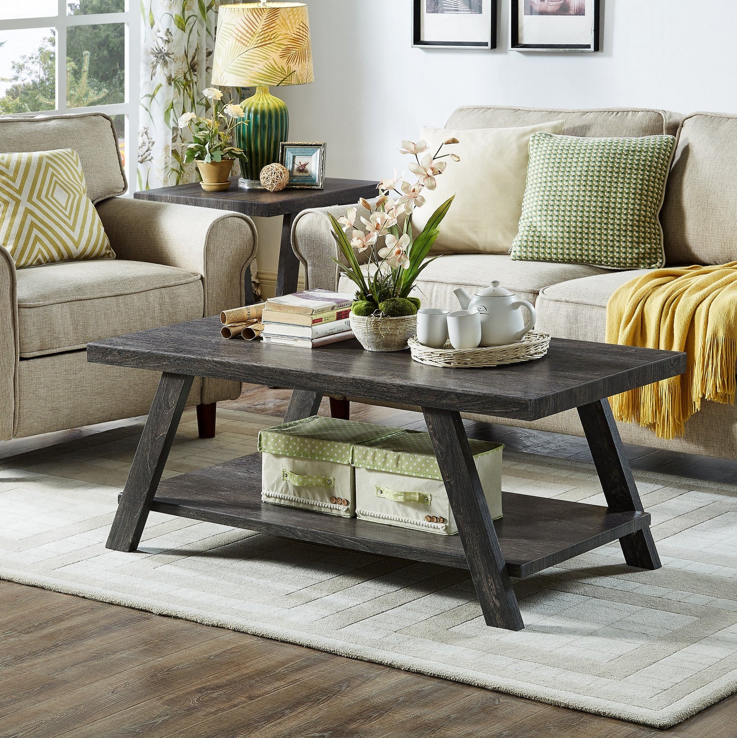 Roundhill Furniture Athens Contemporary Replicated Wood Shelf Coffee Set Table in Charcoal Finish