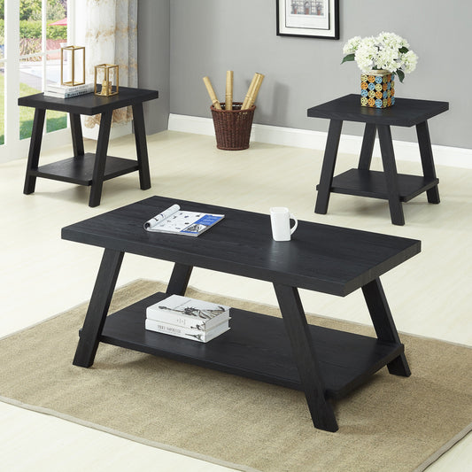 Roundhill Furniture Athens Contemporary Replicated Wood Shelf Coffee Set Table in Black Finish