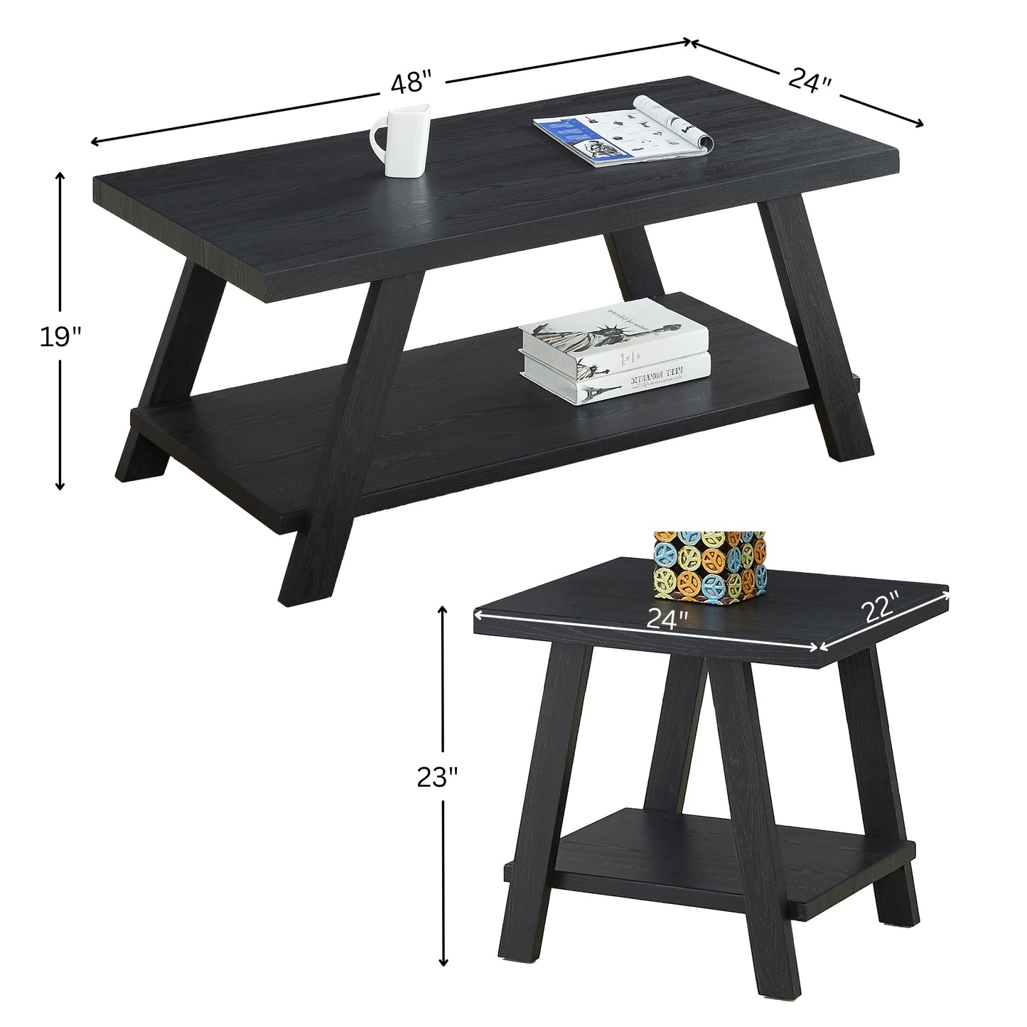 Athens Contemporary Replicated Wood Shelf Coffee Set Table in Black Finish