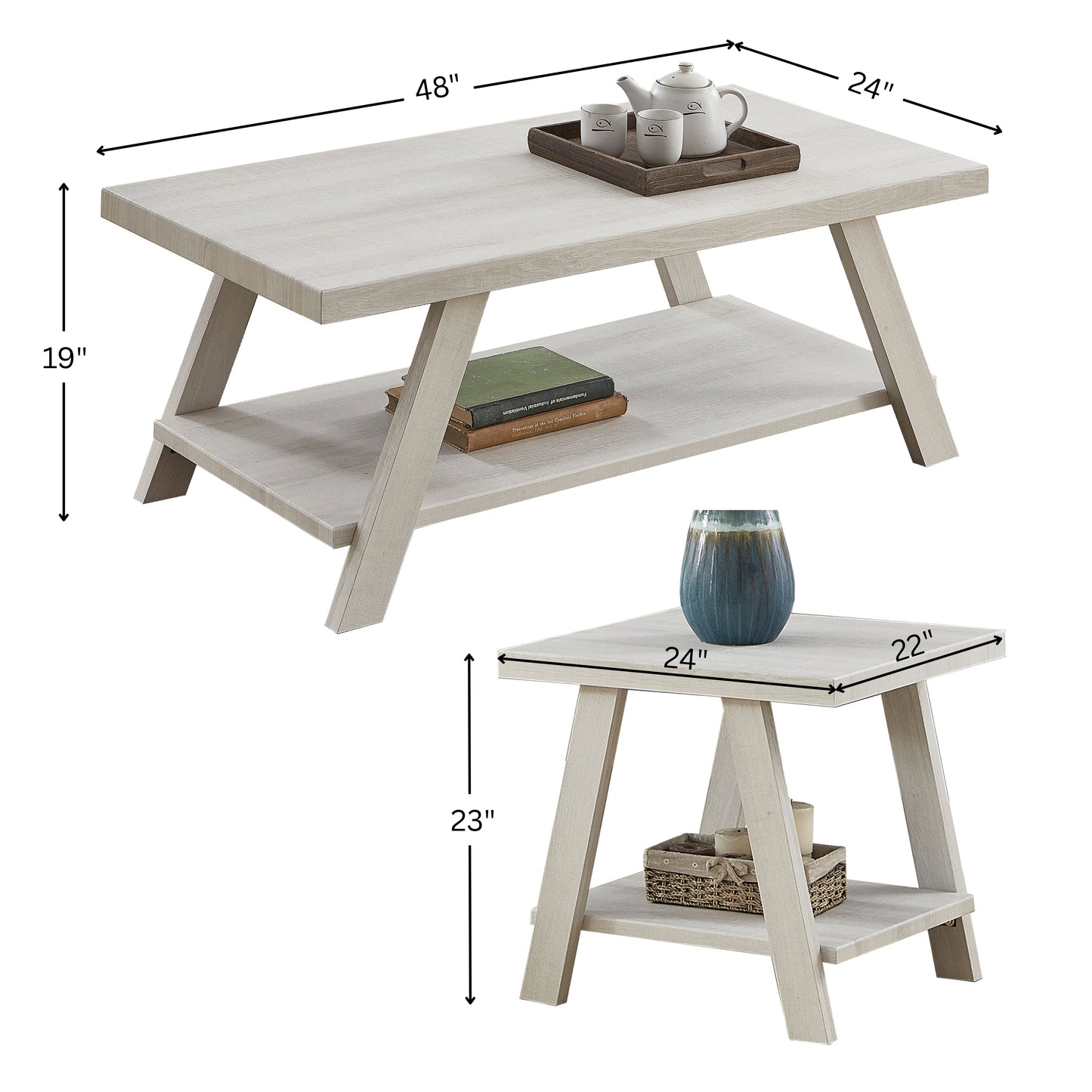 Athens Contemporary Wood Shelf Coffee Table Set in White Finish