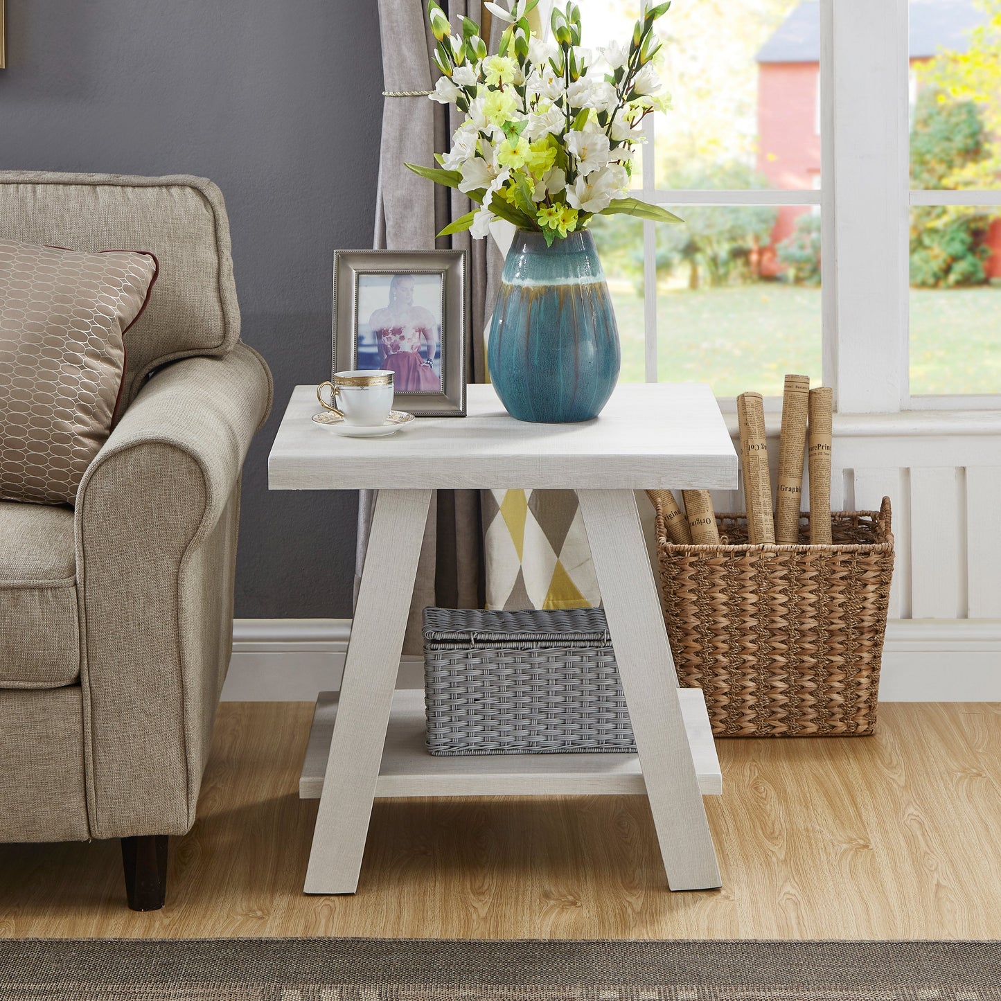 Roundhill Furniture Athens Contemporary Wood Shelf Coffee Table Set in White Finish