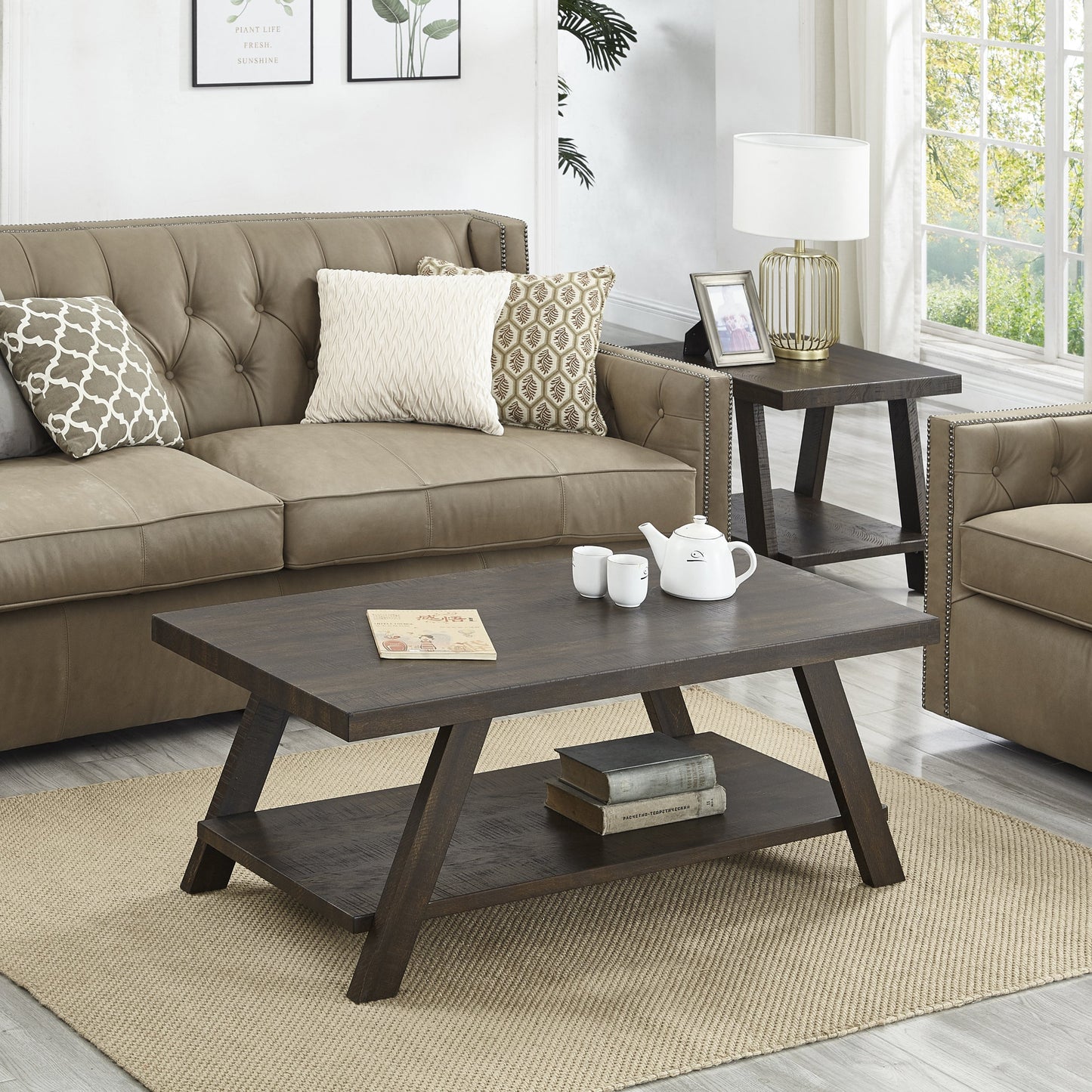 Roundhill Furniture Athens Contemporary 3-Piece Wood Shelf Coffee Table Set in Weathered Espresso