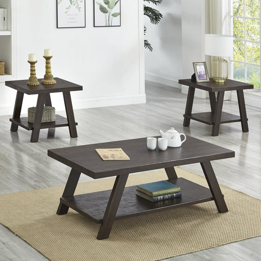 Roundhill Furniture Athens Contemporary 3-Piece Wood Shelf Coffee Table Set in Weathered Espresso