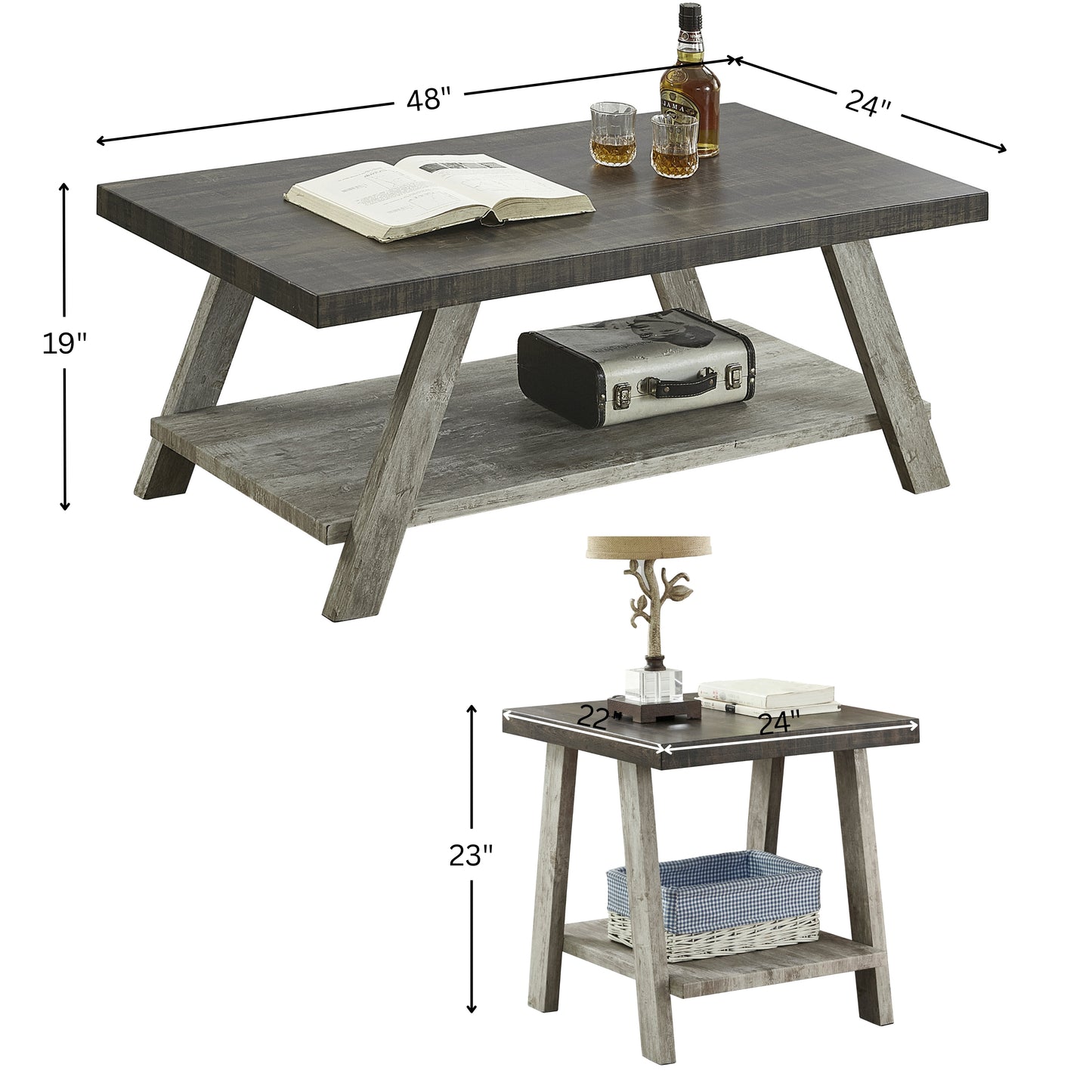 Athens Contemporary 3-Piece Wood Shelf Coffee Table Set in Weathered Walnut and Gray