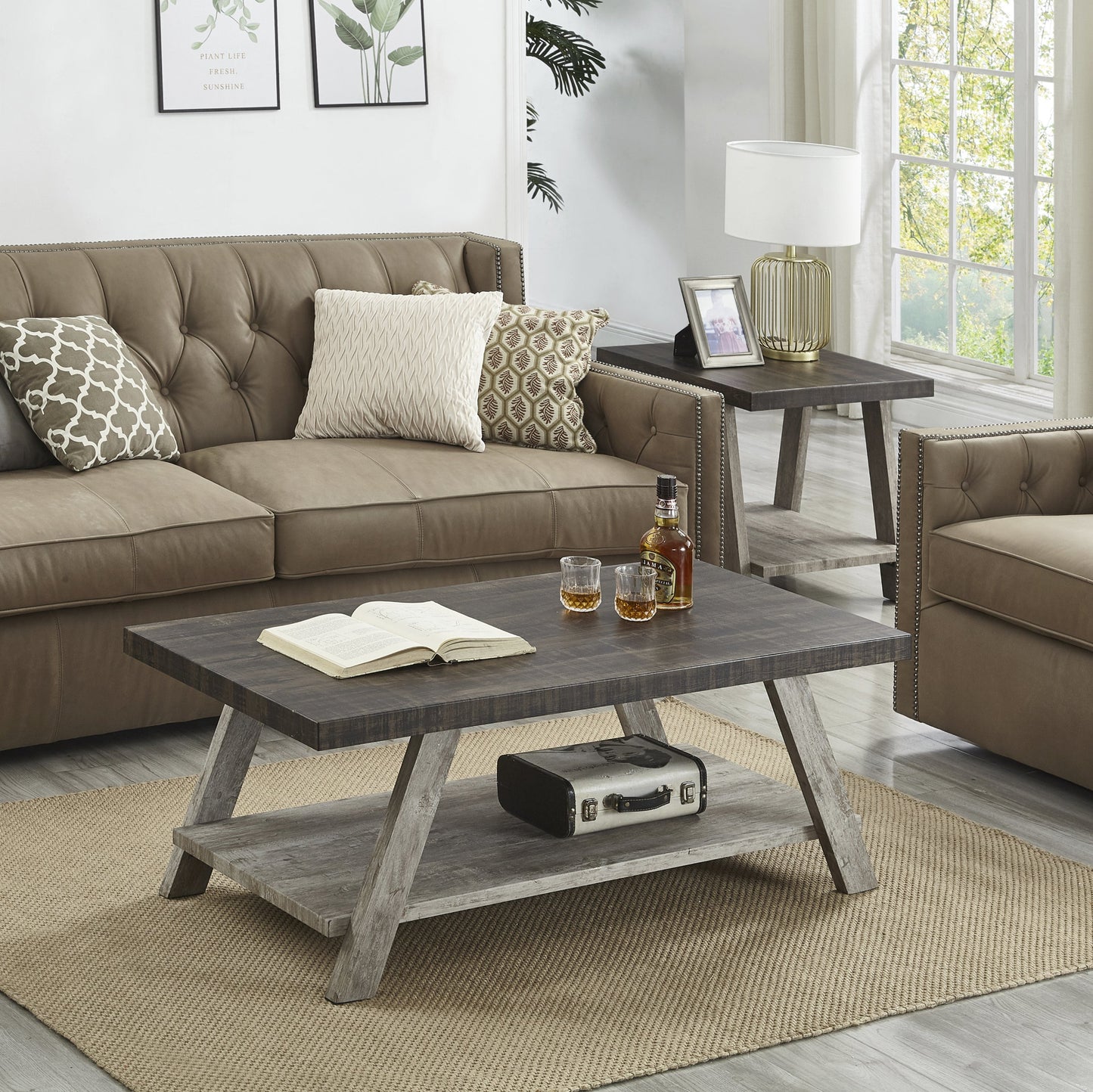 Roundhill Furniture Athens Contemporary 3-Piece Wood Shelf Coffee Table Set in Weathered Walnut and Gray