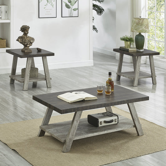 Roundhill Furniture Athens Contemporary 3-Piece Wood Shelf Coffee Table Set in Weathered Walnut and Gray