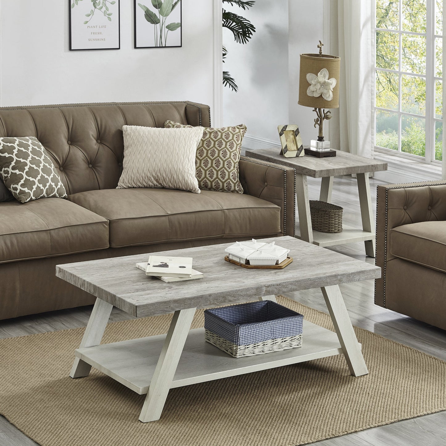 Roundhill Furniture Athens Contemporary 3-Piece Wood Shelf Coffee Table Set in Weathered Gray and Beige