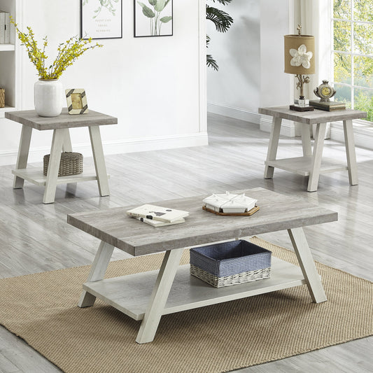 Roundhill Furniture Athens Contemporary 3-Piece Wood Shelf Coffee Table Set in Weathered Gray and Beige