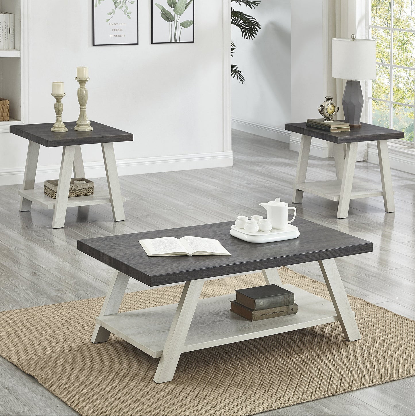 Roundhill Furniture Athens Contemporary 3-Piece Wood Shelf Coffee Table Set in Weathered Charcoal and Beige