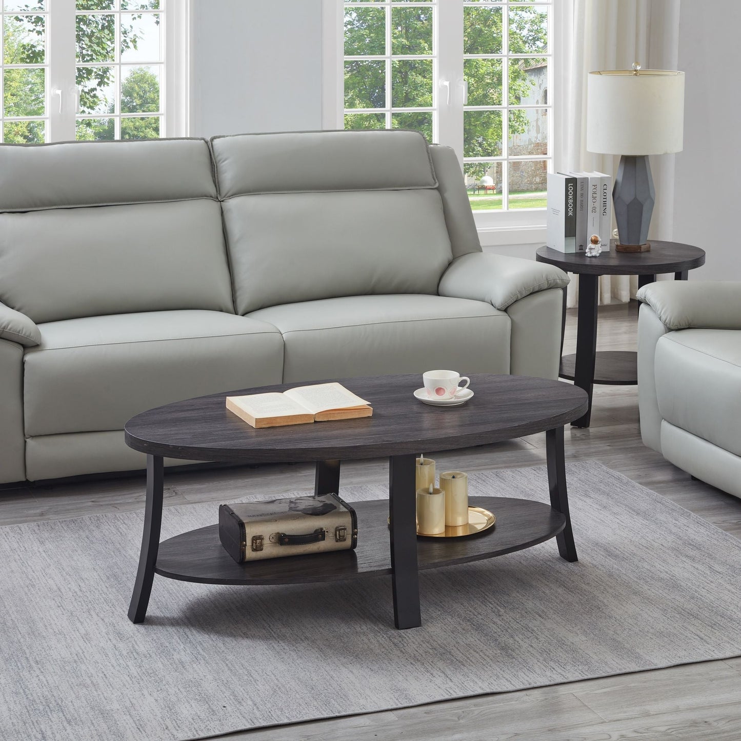 Anze Contemporary Oval Wood Shelf 3-Piece Coffee Table Set