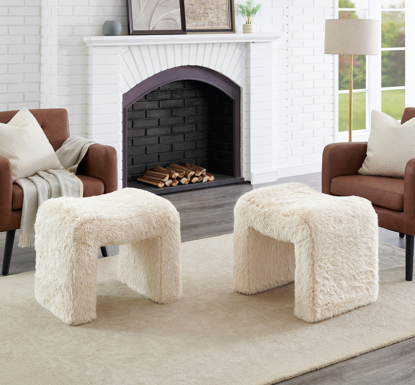 Roundhill Furniture Zorya Contemporary Faux Fur U-Shaped Ottoman, Set of 2