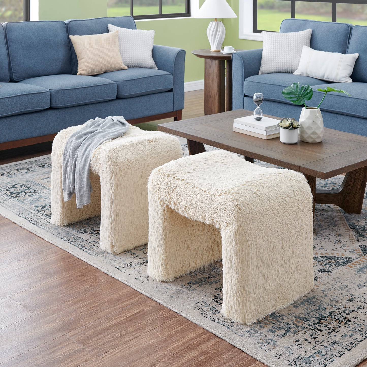 Roundhill Furniture Zorya Contemporary Faux Fur U-Shaped Ottoman, Set of 2