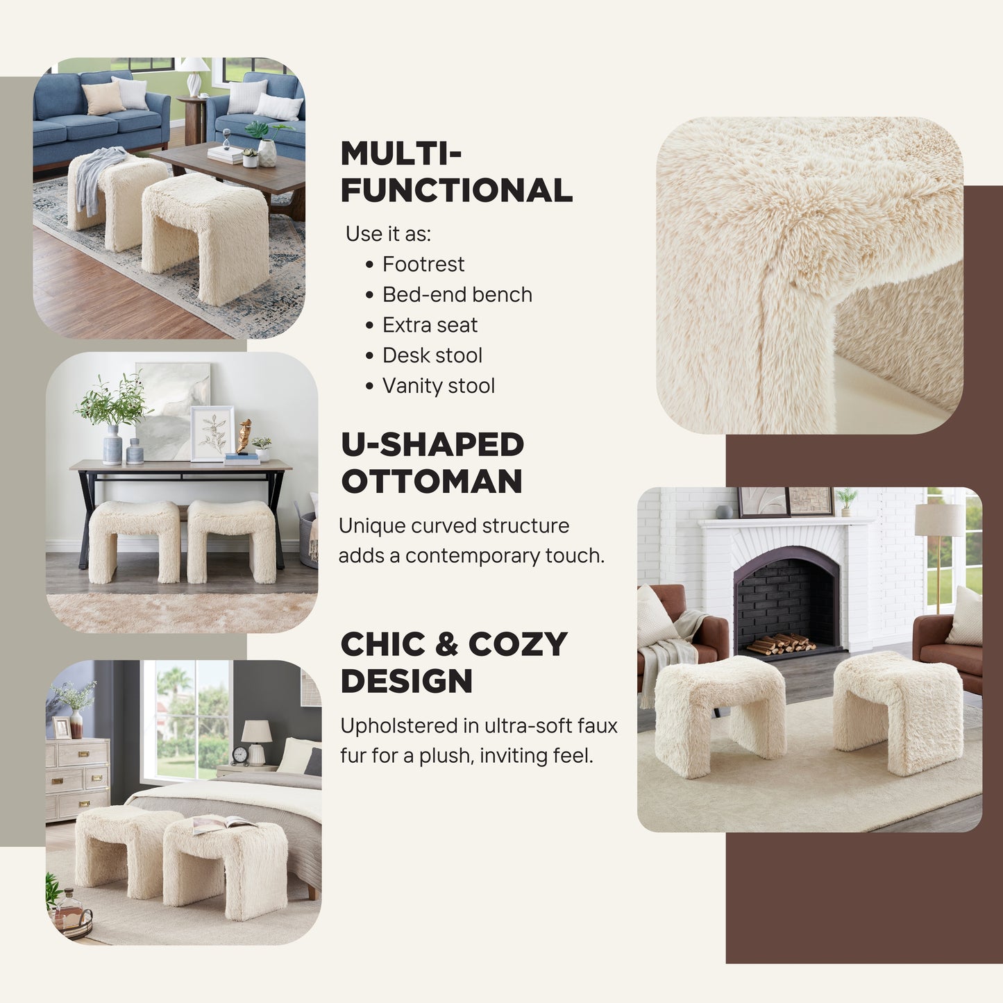 Roundhill Furniture Zorya Contemporary Faux Fur U-Shaped Ottoman, Set of 2