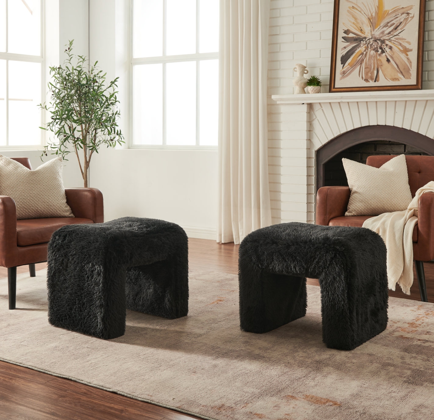 Roundhill Furniture Zorya Contemporary Faux Fur U-Shaped Ottoman, Set of 2