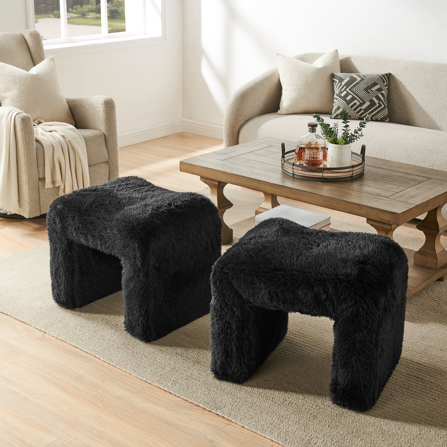 Roundhill Furniture Zorya Contemporary Faux Fur U-Shaped Ottoman, Set of 2