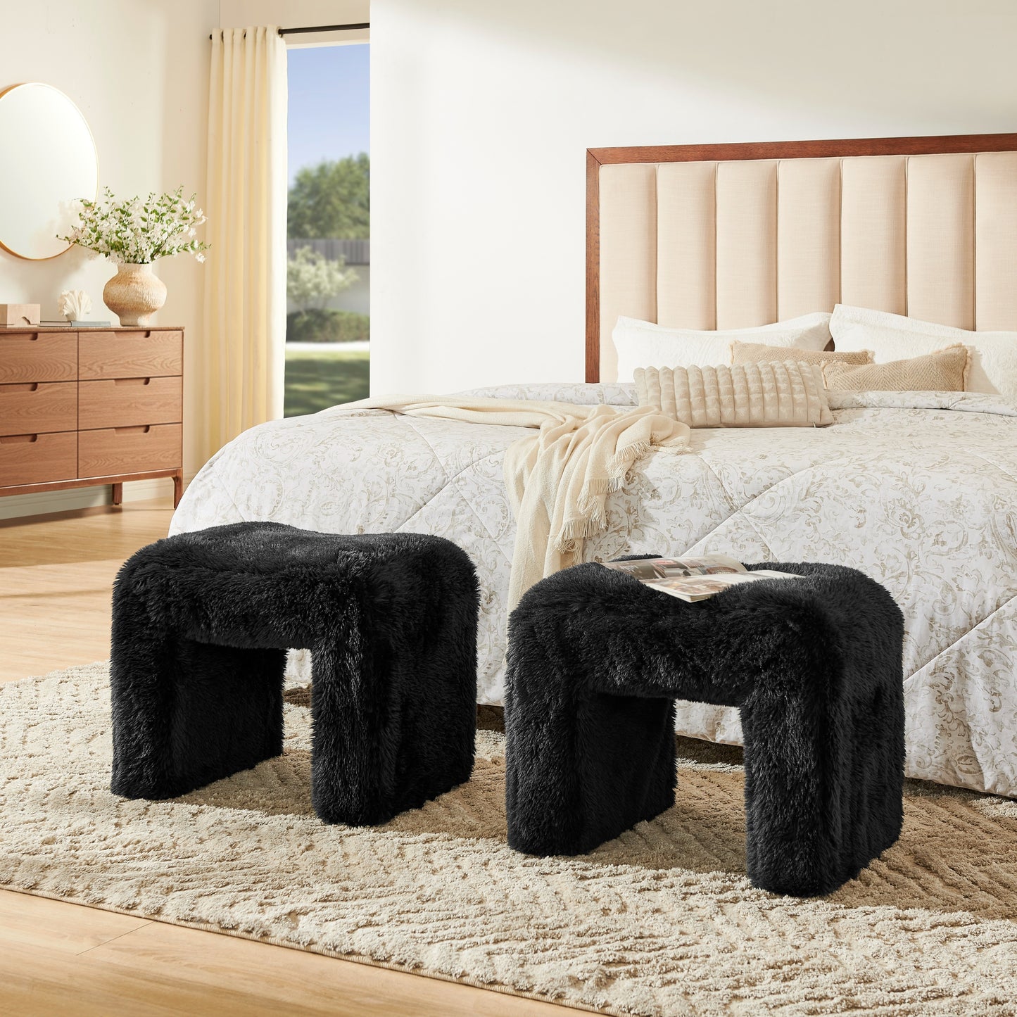 Roundhill Furniture Zorya Contemporary Faux Fur U-Shaped Ottoman, Set of 2