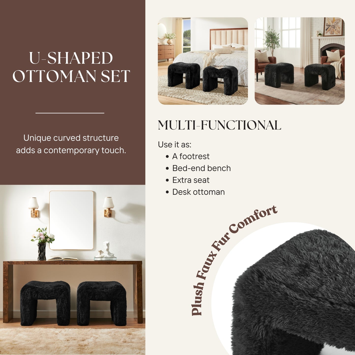 Roundhill Furniture Zorya Contemporary Faux Fur U-Shaped Ottoman, Set of 2
