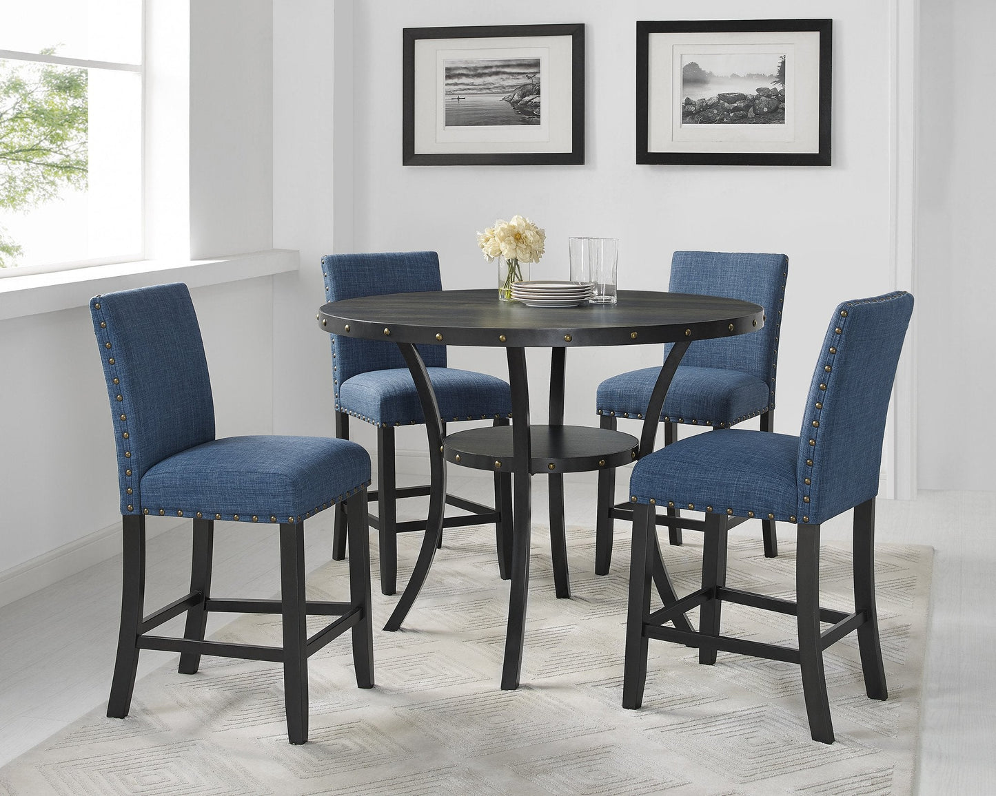 Roundhill Furniture Biony Espresso Wood Counter Height Dining Set with Blue Fabric Nailhead Stools