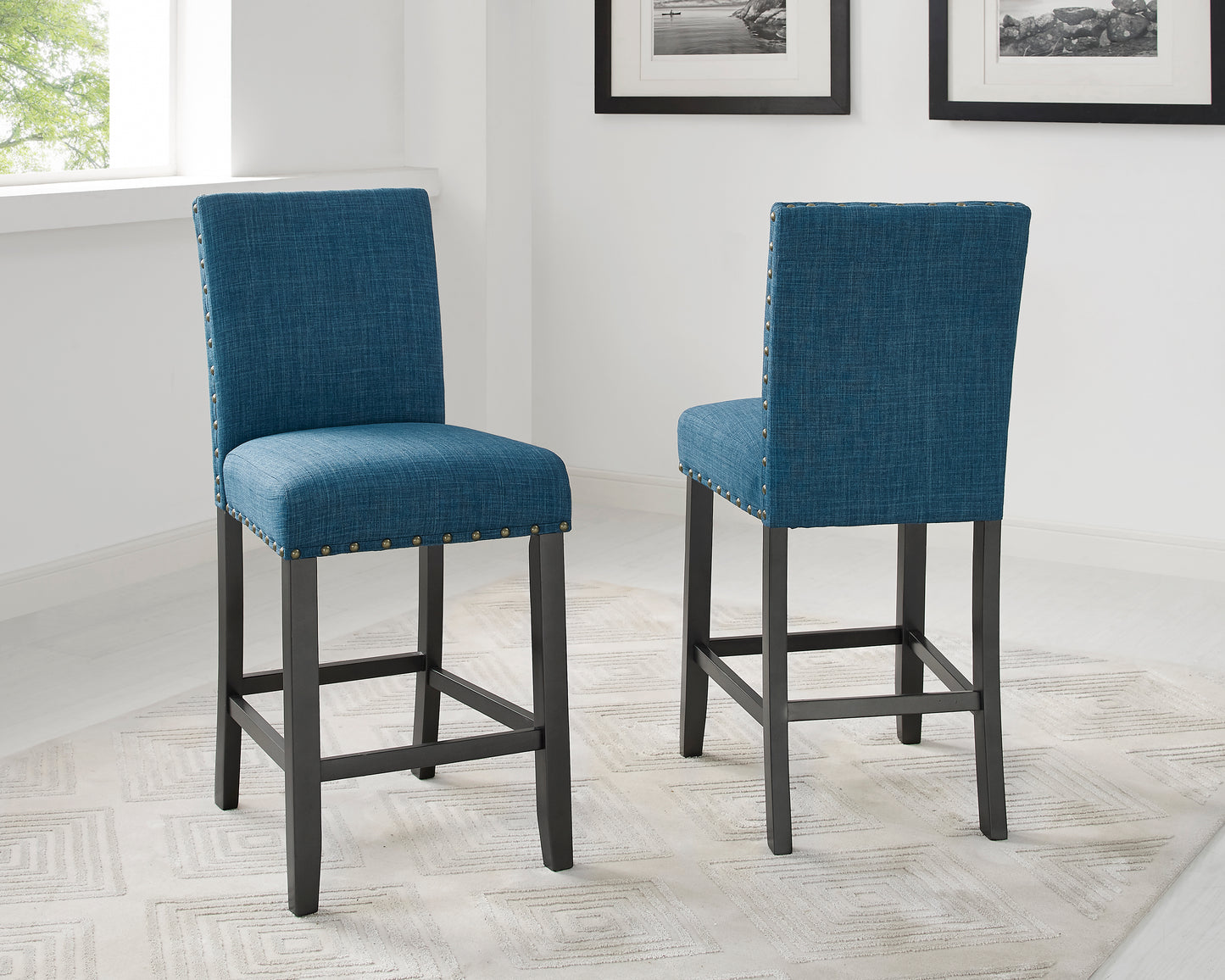 Roundhill Furniture Biony Espresso Wood Counter Height Dining Set with Blue Fabric Nailhead Stools