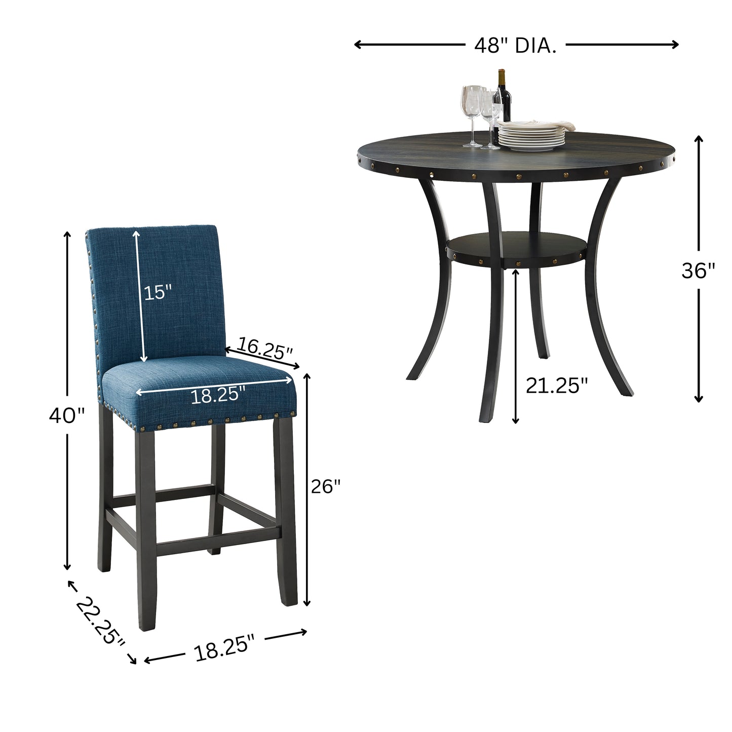 Biony Espresso Wood Counter Height Dining Set with Blue Fabric Nailhead Stools