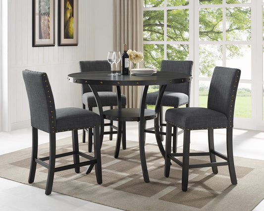 Roundhill Furniture Biony Espresso Wood Counter Height Dining Set with Gray Fabric Nailhead Stools