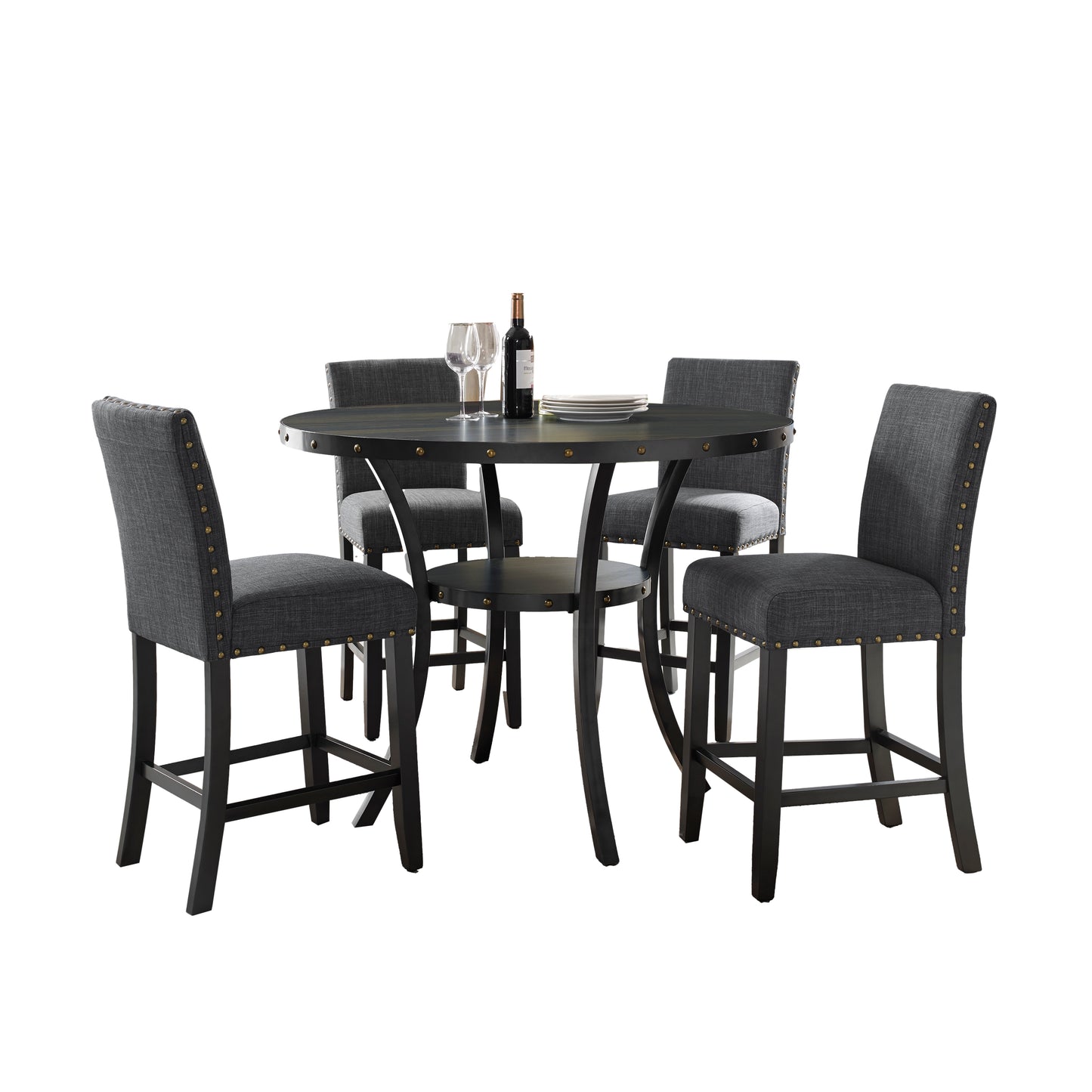 Biony Espresso Wood Counter Height Dining Set with Grey Fabric Nailhead Stools