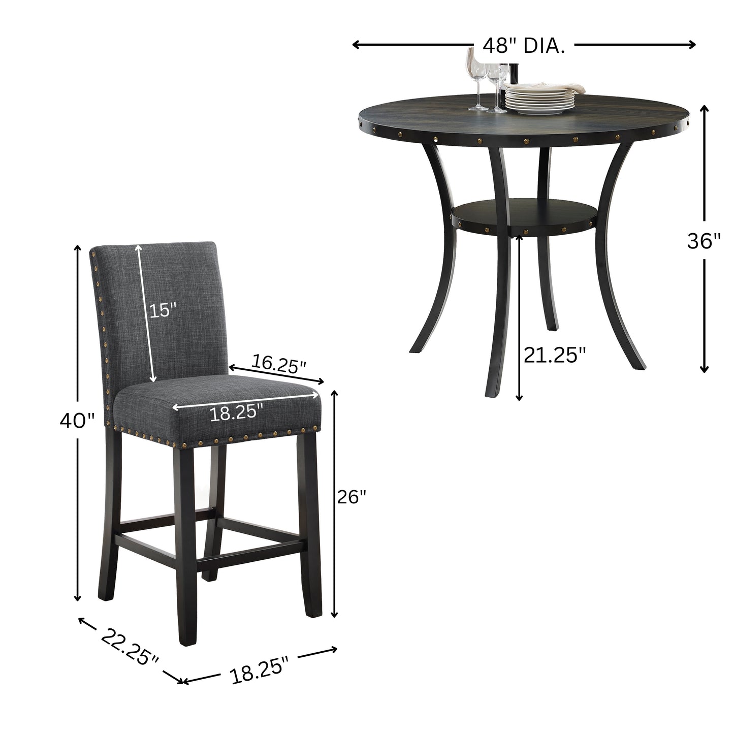 Biony Espresso Wood Counter Height Dining Set with Grey Fabric Nailhead Stools